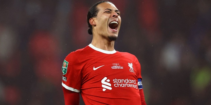 Liverpool's Virgil van Dijk celebrates beating Chelsea in Carabao Cup final.