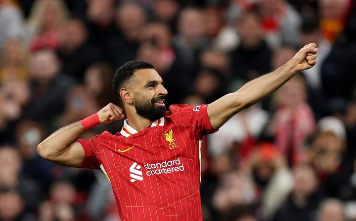 Mohamed Salah of Liverpool celebrates scoring his team's second goal during the UEFA Champions League 2024/25 League Phase MD2 match between Liverp...