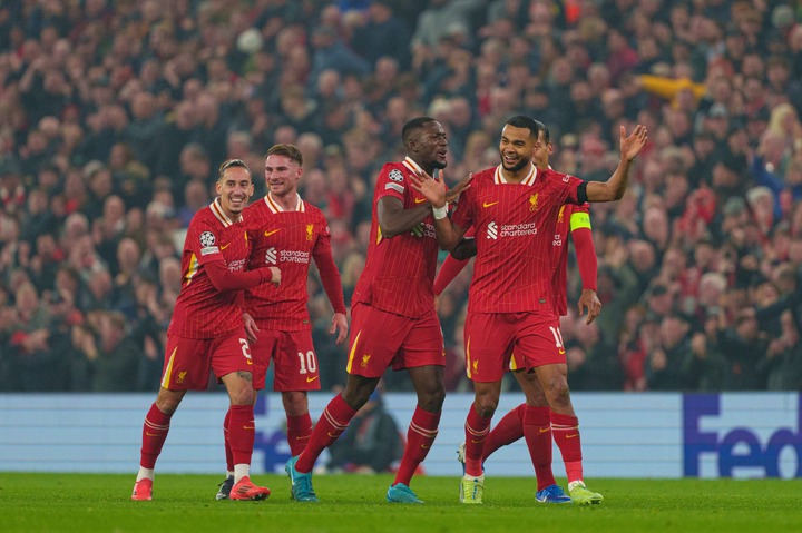 Liverpool's Cody Gakpo celebrates after scoring their second goal during the UEFA Champions League 2024/25 League Phase MD4 match between Liverpool...