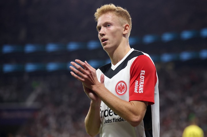 Hugo Larsson of Eintracht Frankfurt reacts during the Bundesliga match between Eintracht Frankfurt and Borussia Mönchengladbach at Deutsche Bank Pa...