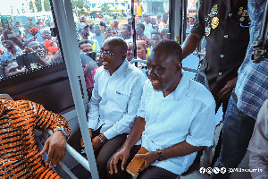 Dr. Mahamudu Bawumia with Minister for Transport, Kwaku Asiamah Ofori in the Electric Bus