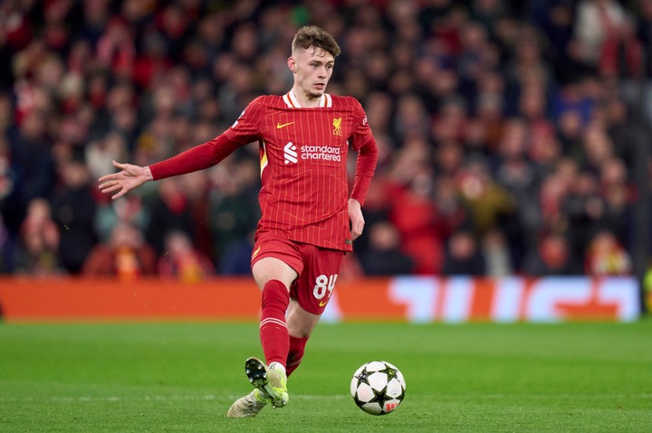 Conor Bradley of Liverpool FC with the ball during the UEFA Champions League 2024/25 League Phase MD5 match between Liverpool FC and Real Madrid CF...