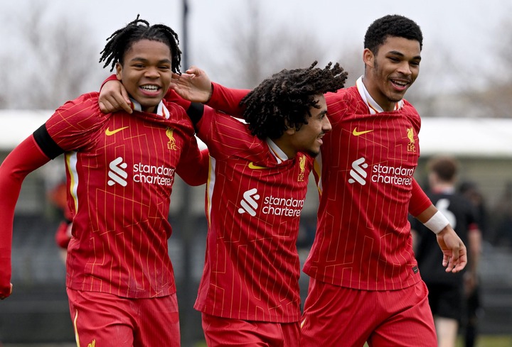 (THE SUN OUT, THE SUN ON SUNDAY OUT) Kareem Ahmed of Liverpool celebrates scoring Liverpool's first goal with Rio Ngumoha and Clae Ewing during the...