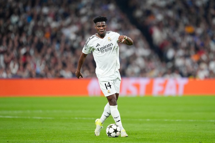 Aurelien Tchouameni of Real Madrid in action during the UEFA Champions League 2024/25 League Phase MD4 match between Real Madrid CF and AC Milan at...