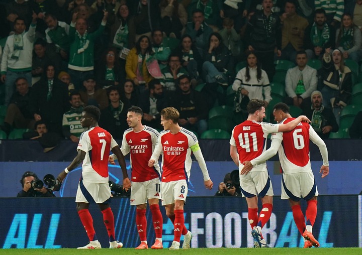 Gabriel of Arsenal FC celebrates with teammates after scoring a goal during the UEFA Champions League 2024/25 League Phase MD5 match between Sporti...