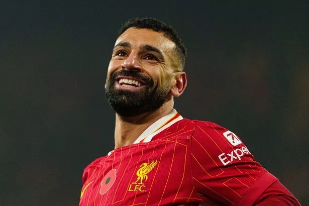 Mohamed Salah plays during the Premier League match between Liverpool and Aston Villa at Anfield in Liverpool, England, on November 9, 2024.