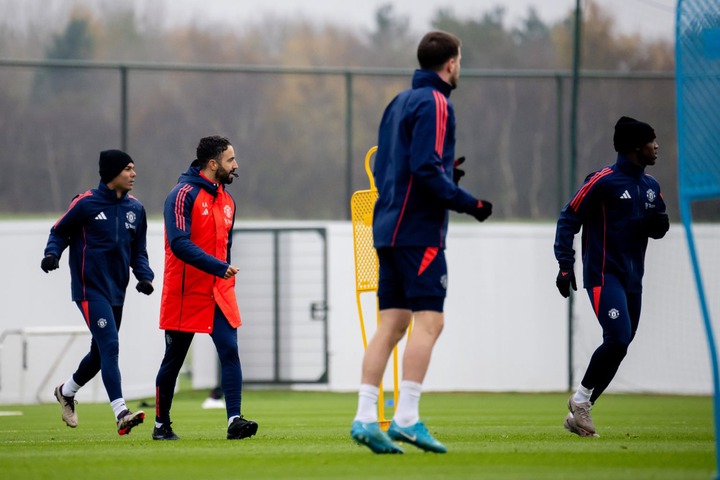 Ruben Amorim, Manager of Manchester United looks on during the Manchester United training session at Carrington Training Ground on November 18, 202...