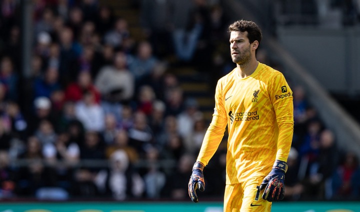 Liverpool's Alisson Becker looks on during the Premier League match between Crystal Palace FC and Liverpool FC at Selhurst Park on October 05, 2024...