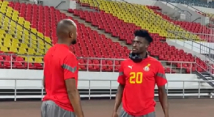 Jordan Ayew (left) and Mohammed Kudus (right) having a conversation during training