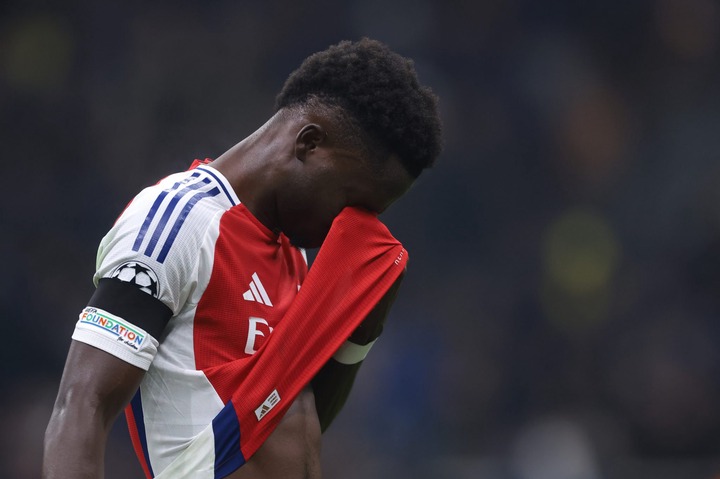 Bukayo Saka of Arsenal FC reacts during the UEFA Champions League 2024/25 League Phase MD4 match between FC Internazionale Milano and Arsenal FC at...