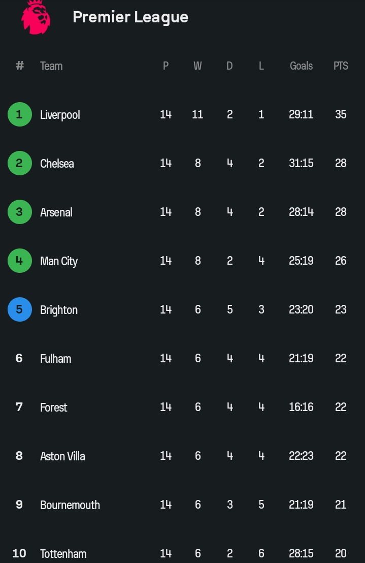 Latest 2024/25 English Premier League Standings After Round 14 of