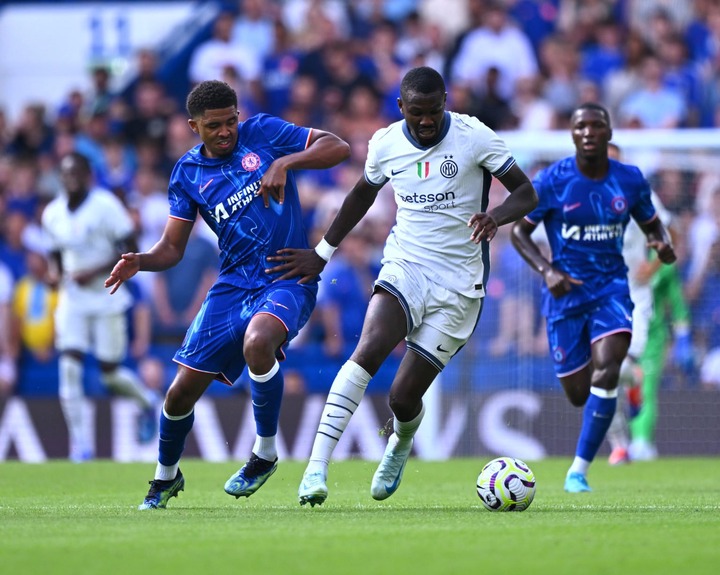 Marcus Thura of FC Internazionale in action during the pre-season friendly match between Chelsea and FC Internazionale at Stamford Bridge on August...