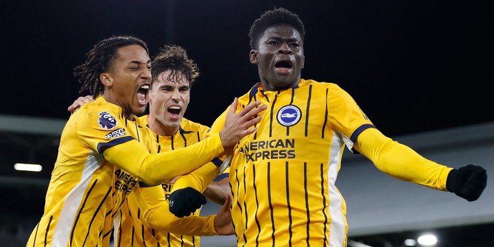 Carlos Baleba celebrating after scoring for Brighton & Hove Albion