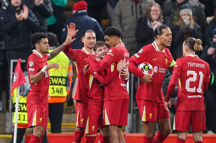 Liverpool's Harvey Elliott celebrates scoring his side's second goal during the UEFA Champions League 2024/25 League Phase MD7 match between Liverp...