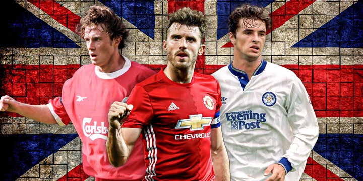 Steve McManaman, Michael Carrick and Gary Speed in front of a Union Jack