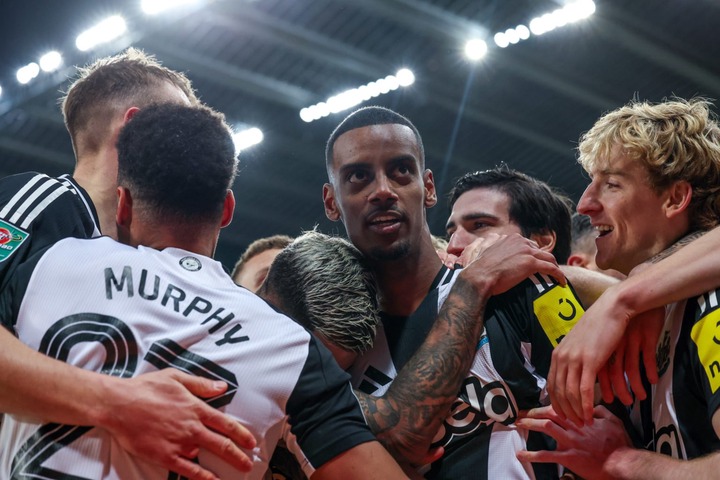 Newcastle United's Alexander Isak celebrates with teammates before his goal was ruled offside during the Carabao Cup Semi Final Second Leg match be...