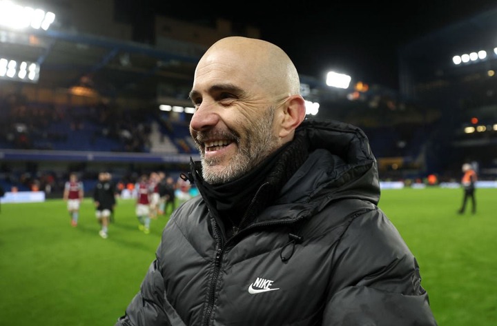 Enzo Maresca, Manager of Chelsea, celebrates victory following the Premier League match between Chelsea FC and West Ham United FC at Stamford Bridg...