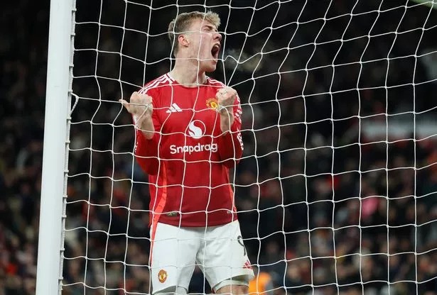 Rasmus Hojlund of Manchester United reacts during the Emirates FA Cup Fourth Round match between Manchester United and Leicester City at Old Trafford on February 7, 2025 in Manchester, England