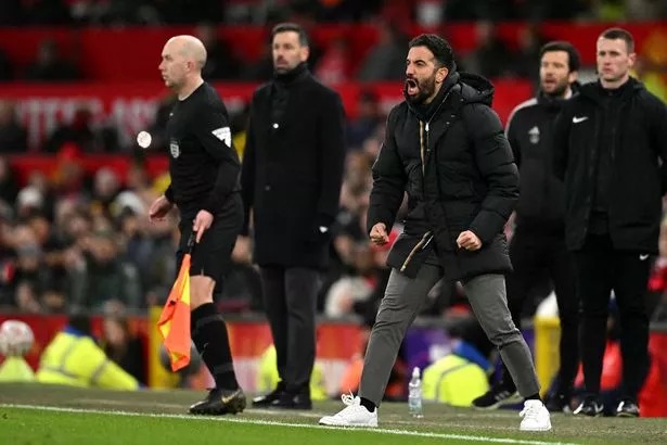 Manchester United's Portuguese head coach Ruben Amorim shouts instructions to the players from the touchline during the English FA Cup fourth round football match between Manchester United and Leicester City at Old Trafford in Manchester, north west England, on February 7, 2025.