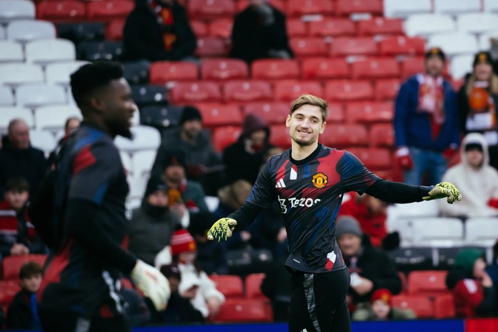 Hubert Graczyk of Manchester United warms up prior to the Premier League match between Manchester United FC and Brighton & Hove Albion FC at Ol...