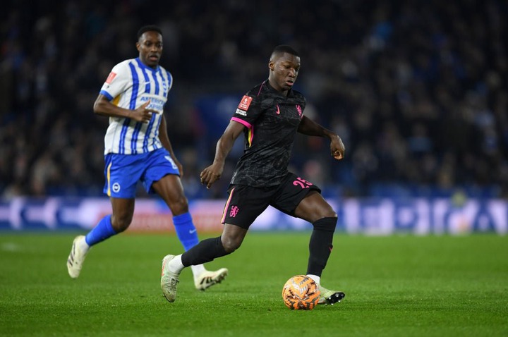 Moises Caicedo of Chelsea runs with the ball during the Emirates FA Cup Fourth Round match between Brighton & Hove Albion and Chelsea at Amex S...