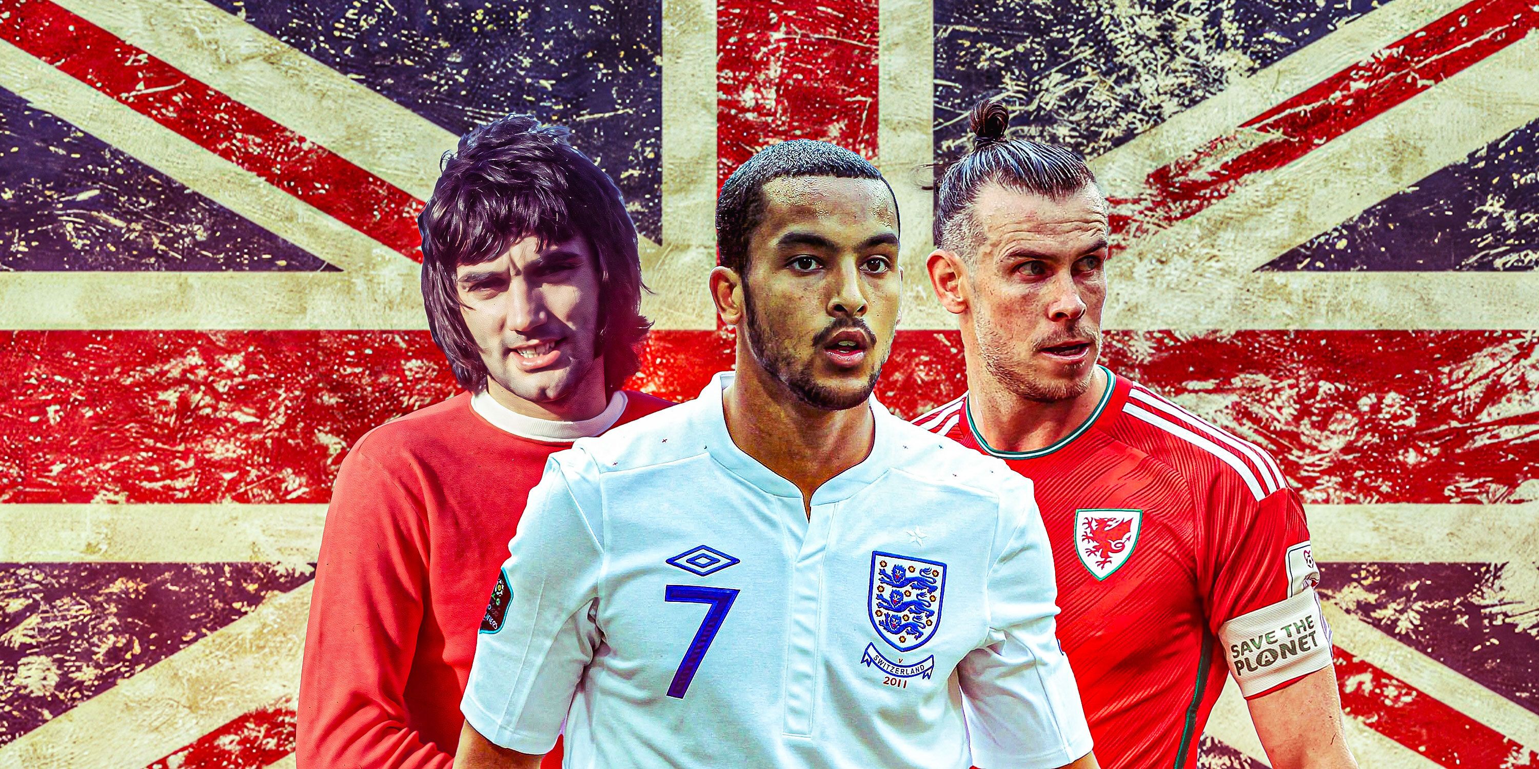 Theo Walcott (England), Gareth Bale (Wales), George Best (Man Utd) - with Union Jack background