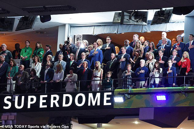 Trump was flanked on either side by his daughter Ivanka and Gayle Benson, owner of the New Orleans Saints, who are hosting the game in their Mercedes Benz Superdome. Next to Benson was Trump's son Eric and his wife and former RNC co-chair Lara Trump