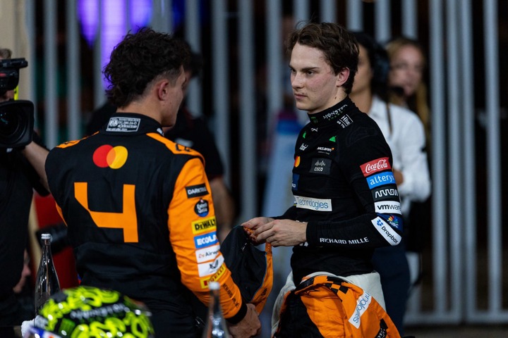 Lando Norris of Great Britain and McLaren with teammate Oscar Piastri of Australia and McLaren in parc ferme during qualifying ahead of the F1 Gran...