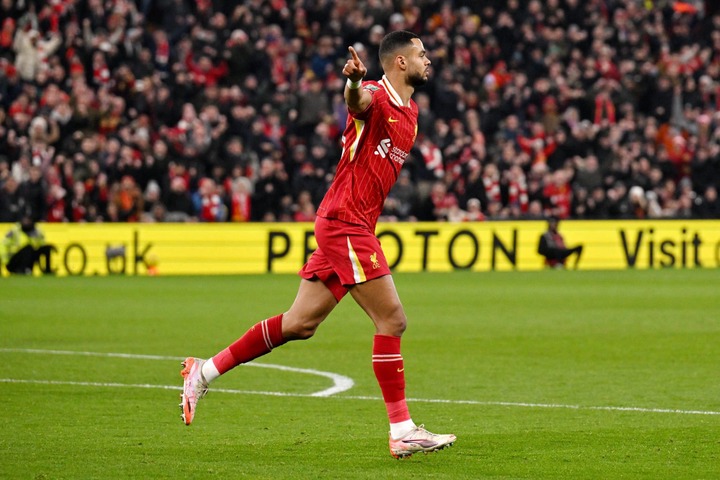 (THE SUN OUT, THE SUN ON SUNDAY OUT) Cody Gakpo of Liverpool celebrates scoring his team's first goal during the Carabao Cup Semi Final Second Leg ...