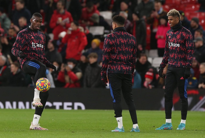 Paul Pogba, Jesse Lingard, Marcus Rashford of Manchester United warms up ahead of the Premier League match between Manchester United and Brighton &...