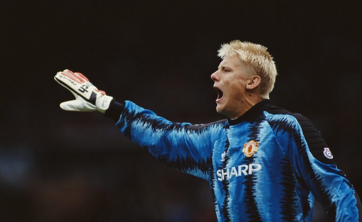 Manchester United goalkeeper Peter Schmeichel in action during a League Division One match between Manchester United and Liverpool at Old Trafford ...