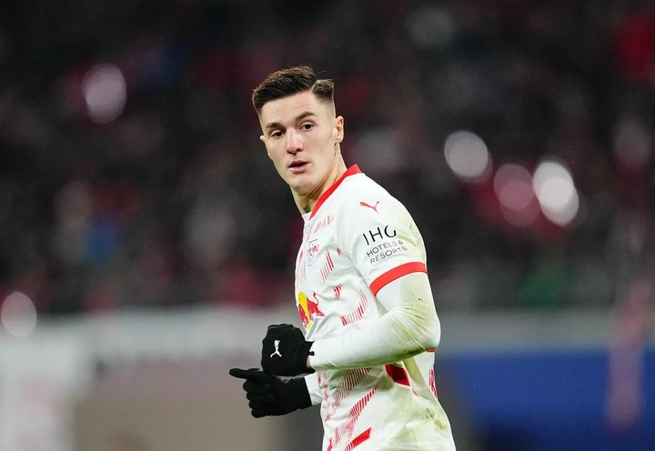 Benjamin Sesko of RB Leipzig looks on during the Champions League round 6 match between RB Leipzig v Aston Villa, Red Bull Arena on December 10 2024. (Photo by Ulrik Pedersen/NurPhoto via Getty Images)