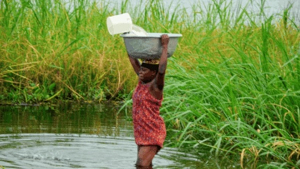 A lady fetching water from the river