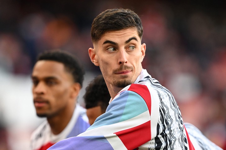 Kai Havertz of Arsenal looks on as he warms up prior to the Premier League match between Arsenal FC and Manchester City FC at Emirates Stadium on F...