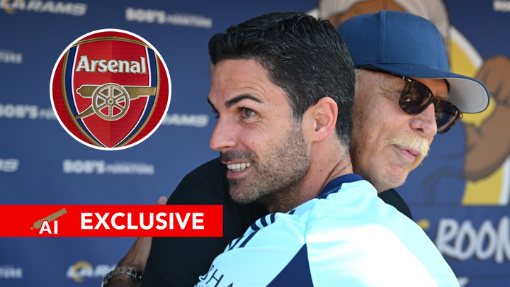 A split image featuring the Arsenal badge alongside Mikel Arteta and Stan Kroenke embracing