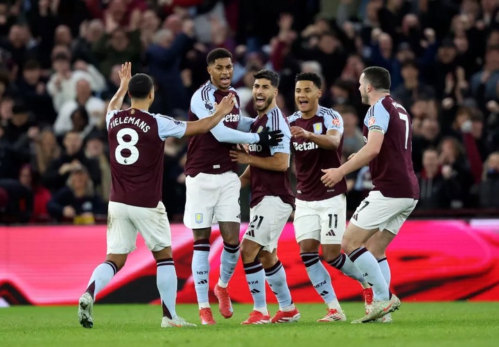 Youri Tielemans, Marcus Rashford, Marco Asensio, Ollie Watkins and John McGinn of Aston Villa celebrate