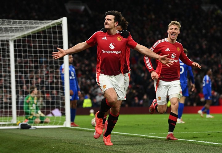 Harry Maguire celebrates his late winner over Leciester City on Friday in the FA Cup