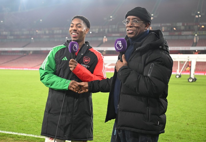 Arsenal's Myles Lewis-Skelly interviewed by ex player Ian Wright after the Premier League match between Arsenal FC and Tottenham Hotspur FC at Emir...