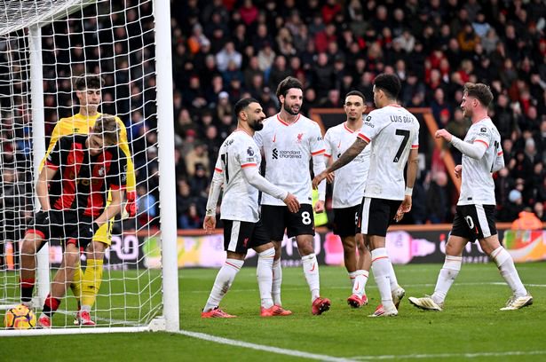 Liverpool's players celebrate during their 2-0 win over Bournemouth