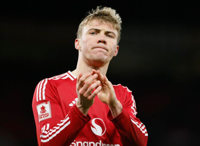 MANCHESTER, ENGLAND - FEBRUARY 7: Rasmus Hojlund of Manchester United applauds the fans after the Emirates FA Cup Fourth Round match between Manchester United and Leicester City at Old Trafford on February 7, 2025 in Manchester, England. (Photo by Richard Sellers/Sportsphoto/Allstar via Getty Images)