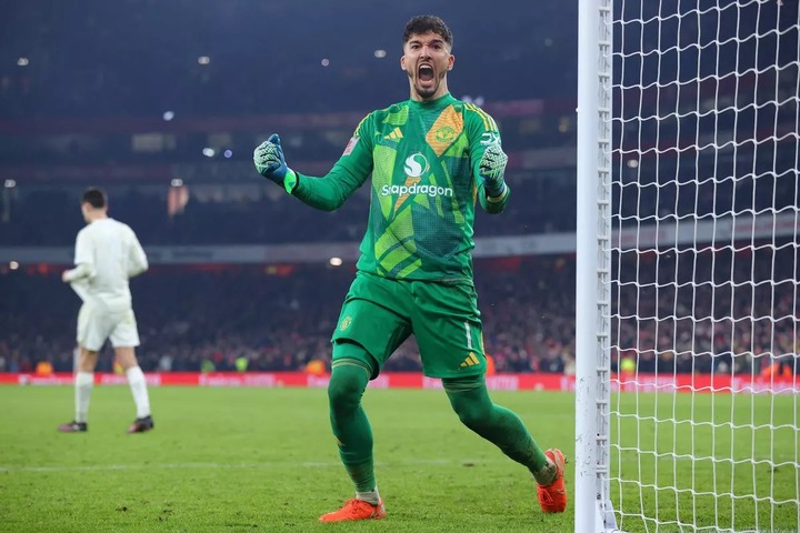 LONDON, ENGLAND - JANUARY 12: Altay Bayindir of Manchester United celebrates after making a save from Kai Havertz of Arsenal in the penalty shoot out during the Emirates FA Cup Third Round match between Arsenal and Manchester United at Emirates Stadium on January 12, 2025 in London, England. (Photo by James Gill - Danehouse/Getty Images)