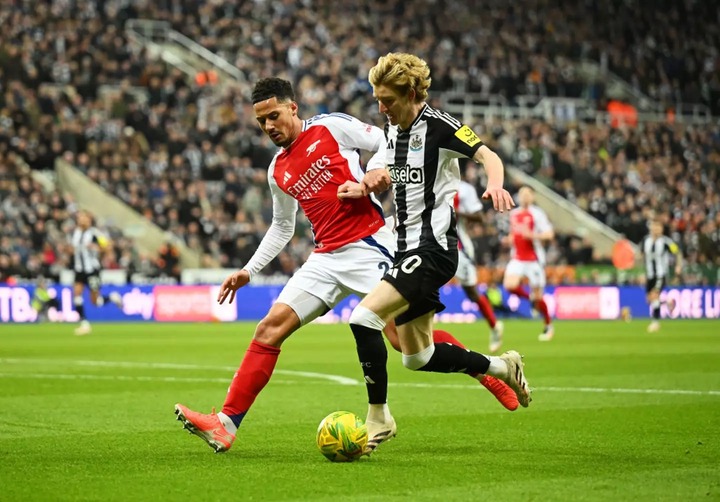 William Saliba struggled in duels with Alexander Isak and Anthony Gordon on Wednesday. (Image: Getty)