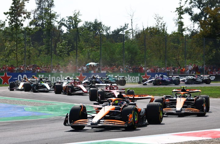 Oscar Piastri of Australia driving the (81) McLaren MCL38 Mercedes leads Lando Norris of Great Britain driving the (4) McLaren MCL38 Mercedes on tr...