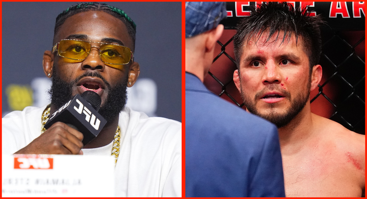 Split image of Aljamain Sterling at the UFC 300 press conference, parallel to Henry Cejudo speaking with the cageside doctor at UFC Seattle