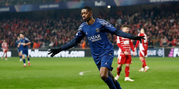 Paris St Germain's Ousmane Dembele celebrates scoring their second goal