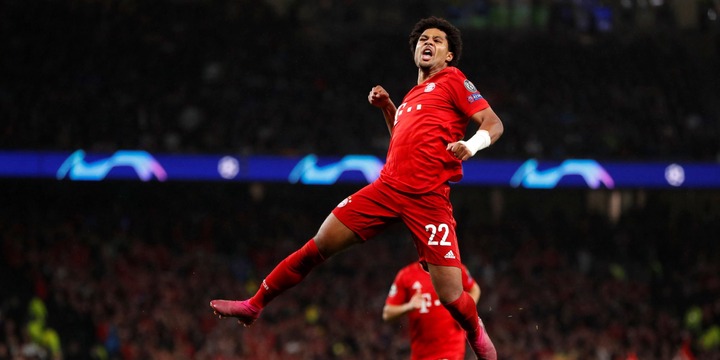 Bayern Munich's Serge Gnabry celebrates scoring their third goal