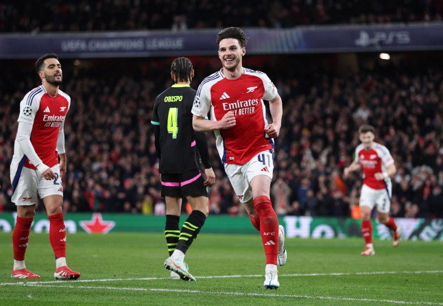 Soccer Football - Champions League - Round of 16 - Second Leg - Arsenal v PSV Eindhoven - Emirates Stadium, London, Britain - March 12, 2025 Arsenal's Declan Rice celebrates scoring their second goal REUTERS/David Klein