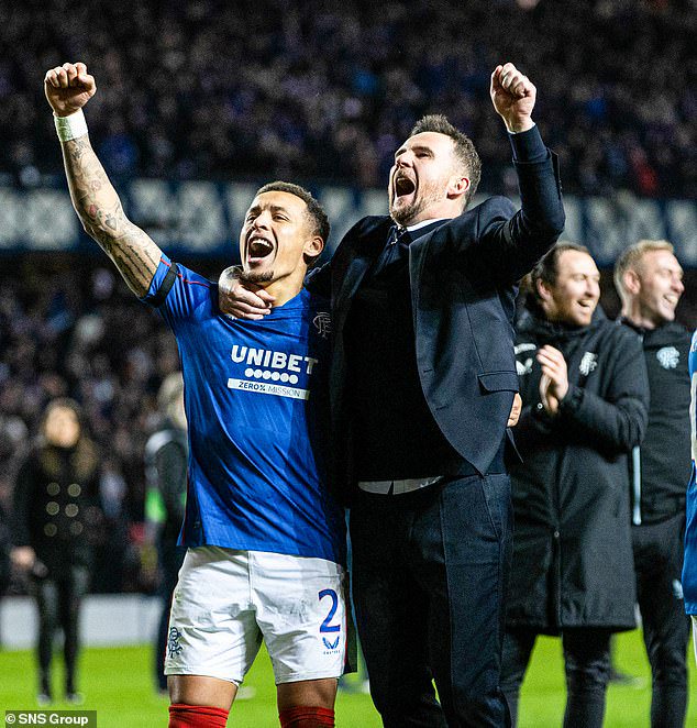 Rangers captain James Tavernier and manager Barry Ferguson celebrate a famous night