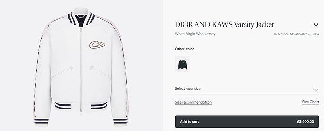 The luxury Dior and Kaws Varsity jacket is priced at £3,400 on the fashion house's website