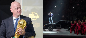 L-R: Infantino holding the World Cup trophy and Kendrick Lamar performing at Super Bowl